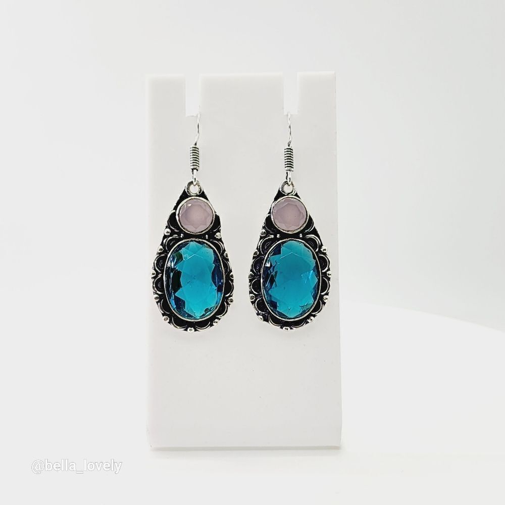 Blue Topaz Rose Chalcedony Handmade Drop Dangle Earrings 2"